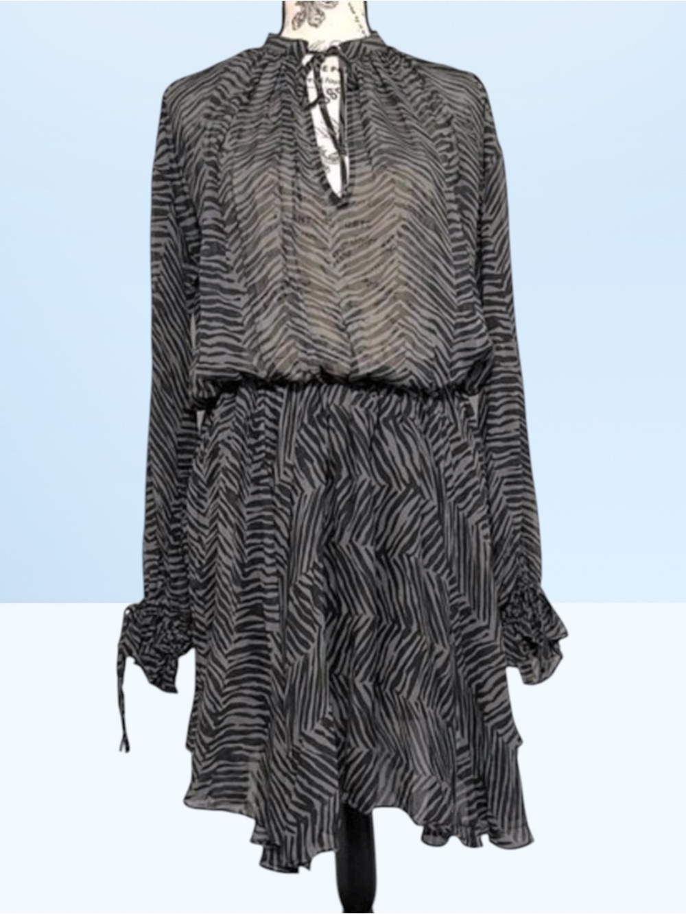 ANINE BING Elliana Semi Sheer Silk Chiffon Green Black Zebra Dress - Size XS